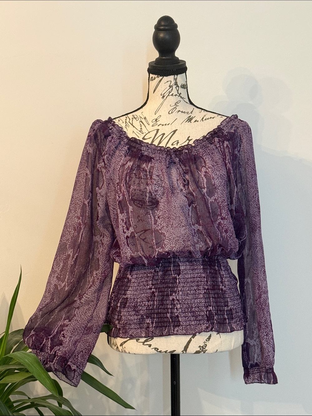 VENUS Plum Sheer Smocked Peasant Blouse